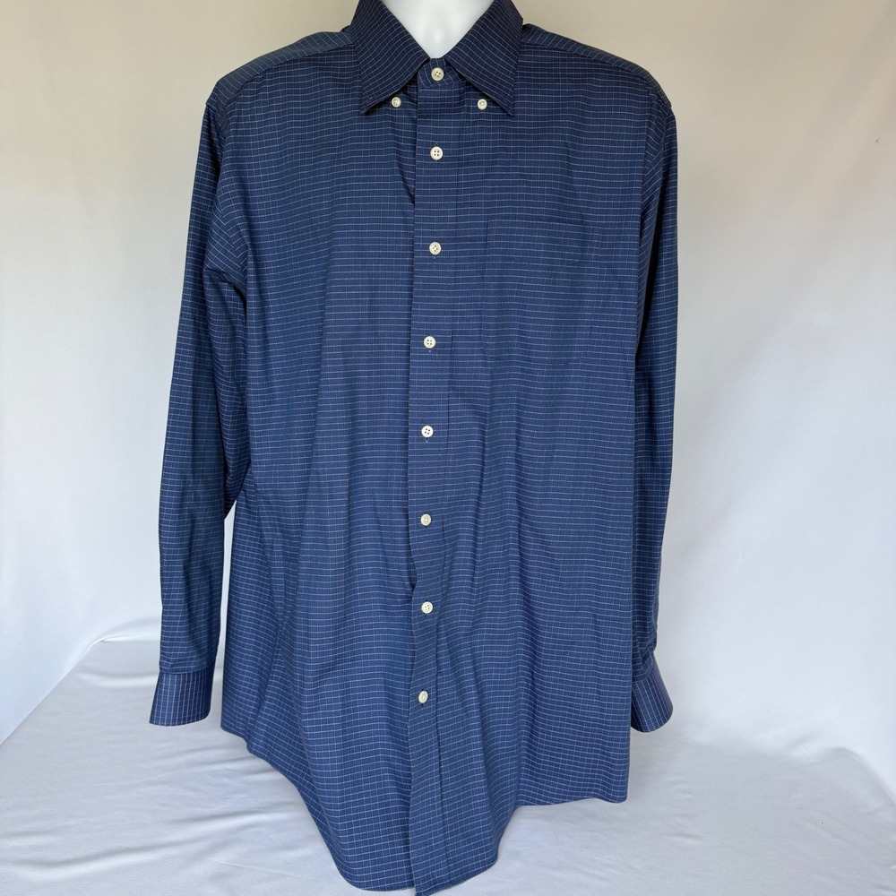 LL Bean Mens Navy Blue Micro Check Plaid Long Sleeve Button Down Shirt Lg Tall